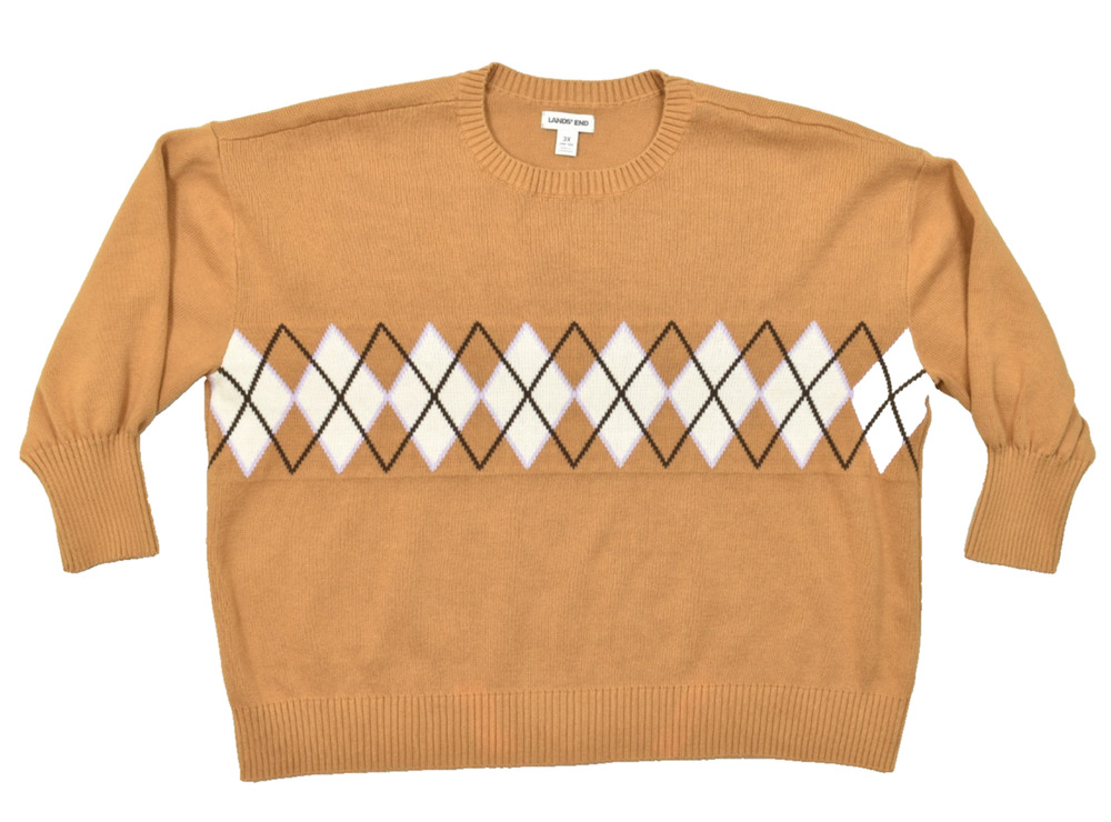 Lands' End Women's 3X 24W-26W Tan Argyle Cotton Knit Crewneck Pullover Sweater